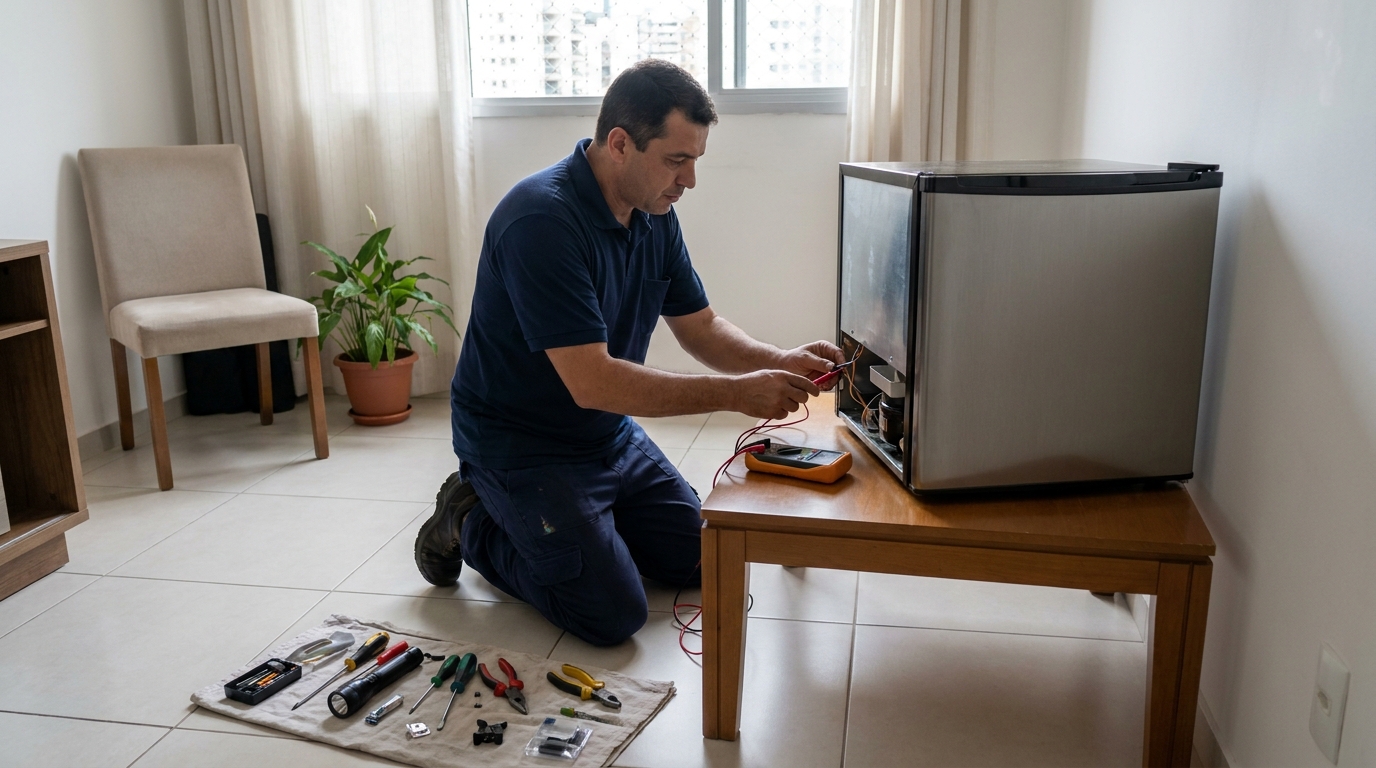 Técnico realizando manutenção de motor de frigobar em Santo André‑SP
